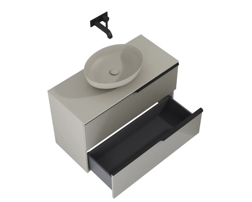 Umyvadlová kombinace s umyvadlem na desku a otevřenou zásuvkou a nástěnnou baterií