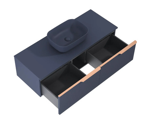 Umyvadlová skříňka s umyvadlem na desku a otevřenými zásuvkami