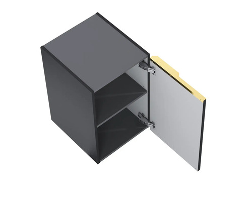 Závěsná skříňka s otevřenými dvířky a dvěma policemi