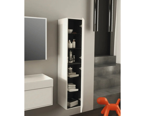 Koupelnová scéna s umyvadlovou skříňkou a otevřenou závěsnou skříňkou pro uložení koupelnových potřeb.