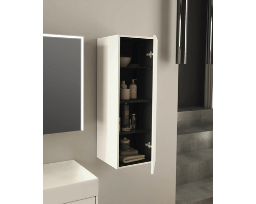 Koupelna se závěsnou zrcadlovou skříňkou s otevřenými dveřmi a několika úložnými policemi