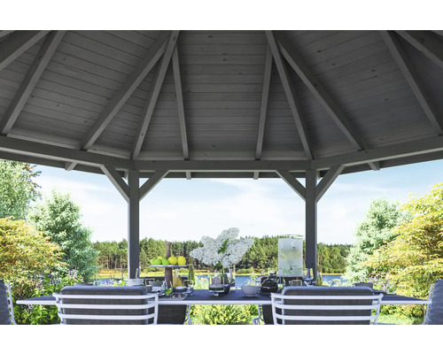 Dřevěný zahradní altán s jídelním stolem a výhledem do zahrady