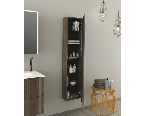 Koupelna s umyvadlovou skříňkou, zrcadlovou skříňkou a otevřenou závěsnou skříňkou s policemi