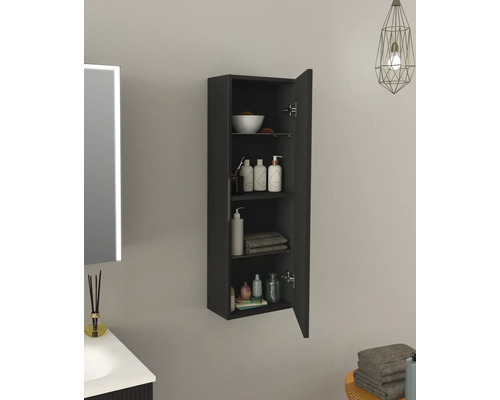 Otevřená černá koupelnová skříňka s policemi pro uložení koupelnových potřeb