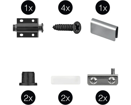 Sada nábytkového kování skládající se z uzávěru, šroubů, protikusu, plastové krytky, distanční vložky a pantu