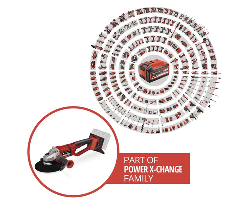 Aku úhlová bruska Einhell z řady Power X-Change s akumulátorem a výběrem dalšího nářadí.