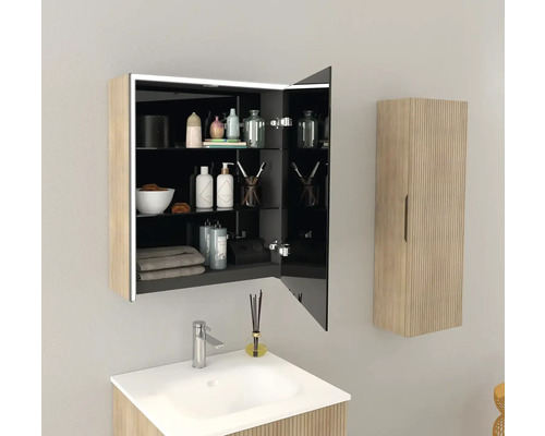 Koupelna s umyvadlem, zrcadlová skříňka s otevřenými dveřmi a vysoká skříňka ve vzhledu dřeva.