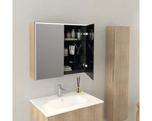 Koupelna s umyvadlem, zrcadlovou skříňkou a vysokou skříňkou