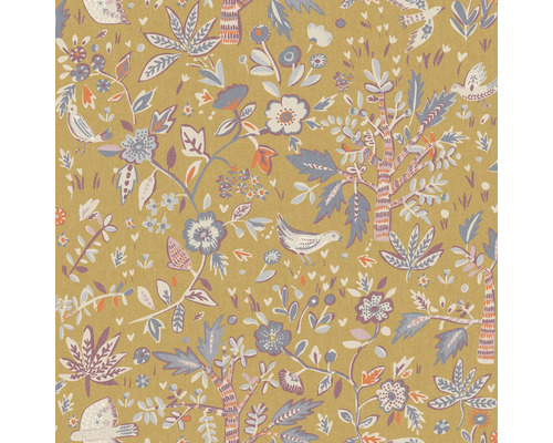 Tapeta se stromy, květinami a ptáky