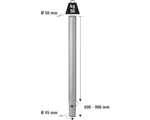 Technický nákres nosného sloupku o rozměrech 50 milimetrů v průměru nahoře, 45 milimetrů v průměru dole a 600 až 900 milimetrů na délku.