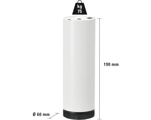 Stolová noha válcového tvaru o rozměrech 190 mm na výšku a 60 mm v průměru, nosnost 75 kg