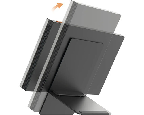 Přenosný monitor s nastavitelným stojanem a šipkou označující otáčení