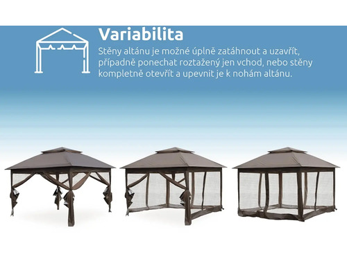 Zobrazení různých variant altánů s variabilními bočními stěnami
