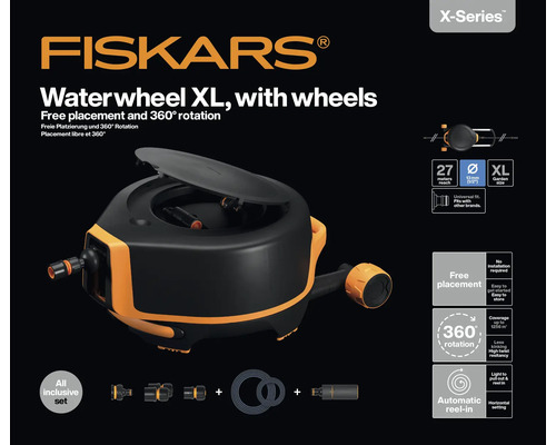Fiskars Naviják na hadici XL s kolečky, volné umístění a otáčení o 360 stupňů