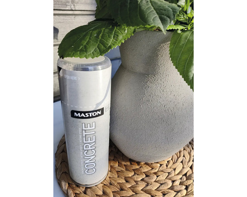 Sprej Mastons Concrete Effect vedle květináče se zelenými rostlinami