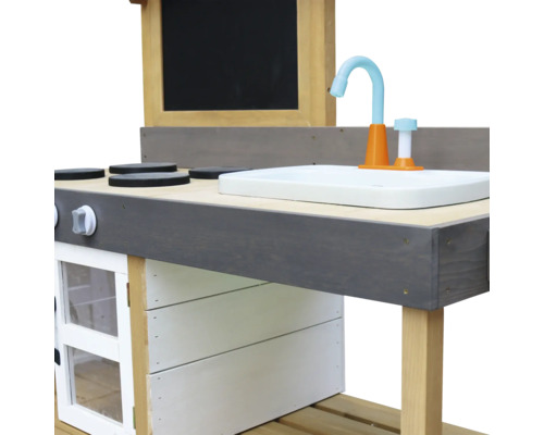 Dětská kuchyňka s varnými deskami, umyvadlem a tabulí