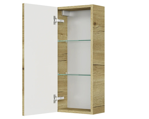 Otevřená zrcadlová skříňka se dvěma skleněnými policemi a vzhledem dřeva