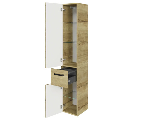 Vysoká koupelnová skříňka se zásuvkou, otevřenými dvířky a skleněnými policemi