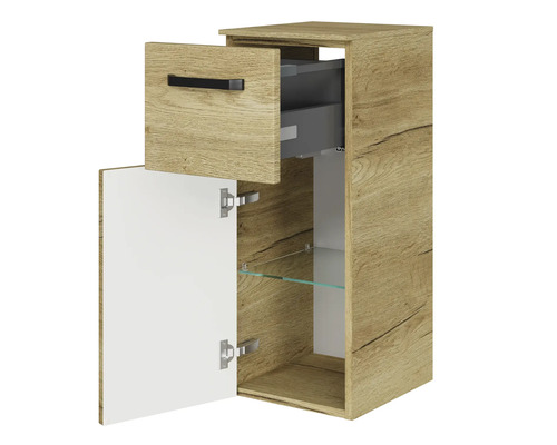 Závěsná skříňka se zásuvkou, dvířky a skleněnými policemi