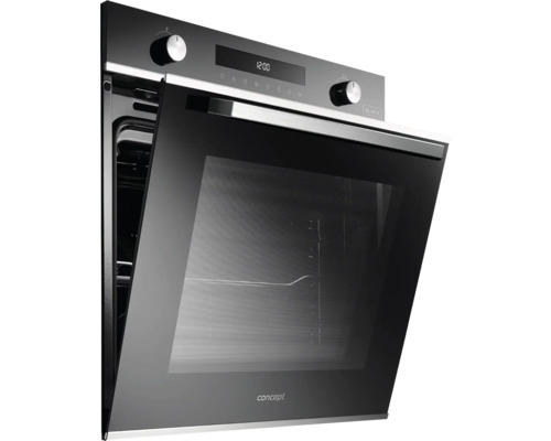 Vestavná trouba s otevřenými dvířky a digitálním displejem