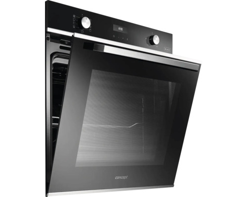 Černá vestavná trouba s otevřenými dvířky.