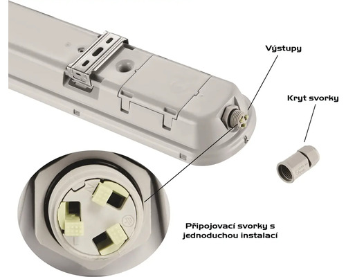 Svítidlo do vlhkého prostředí s detaily připojení