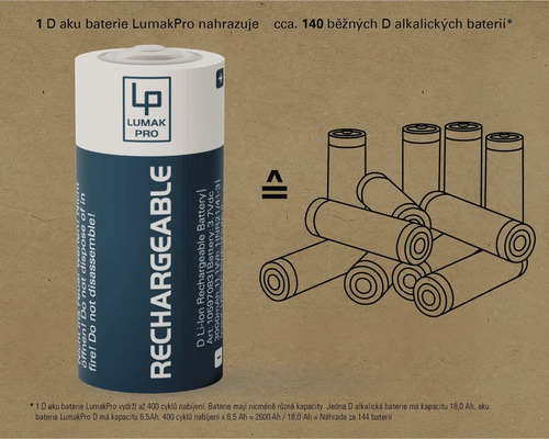Baterie Lumak Pro D nahrazuje přibližně 140 alkalických baterií D