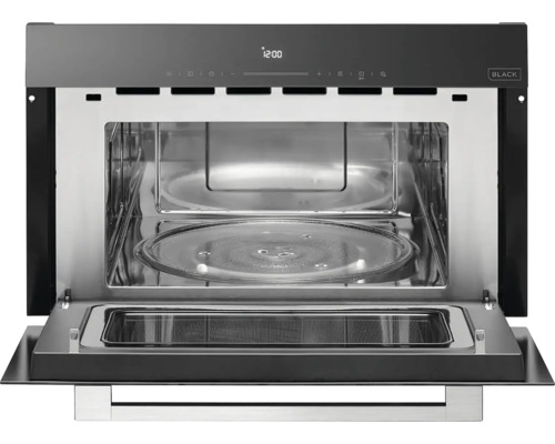 Otevřená černá vestavná mikrovlnná trouba s otočným talířem