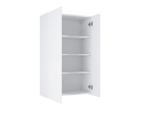 Bílá závěsná skříňka s otevřenými dvířky a třemi policemi