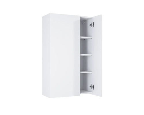 Bílá závěsná skříňka s otevřenými dvířky a policemi