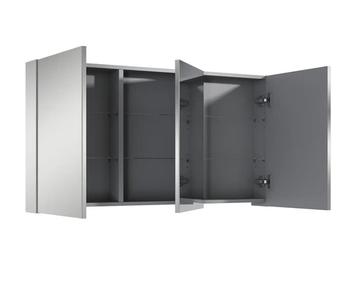 Otevřená zrcadlová skříňka se třemi dvířky a skleněnými policemi do koupelny