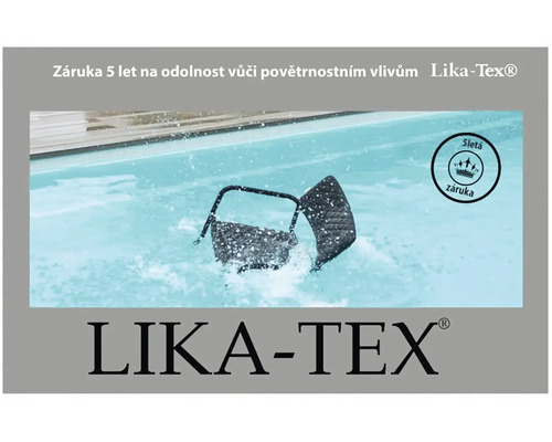 Logo Lika-Tex s pětiletou zárukou a židle v bazénu