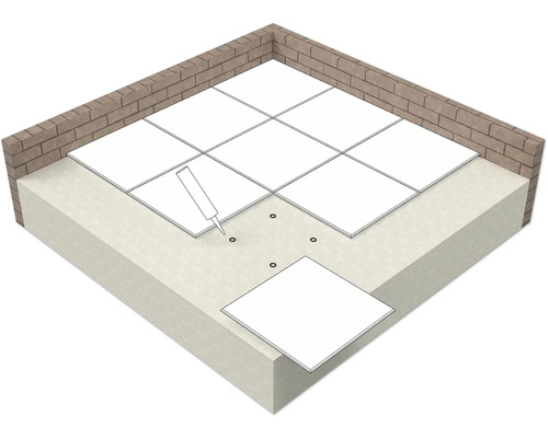 Ilustrace pokládky dlaždic lepidlem na povrch s cihlovou zdí v pozadí.