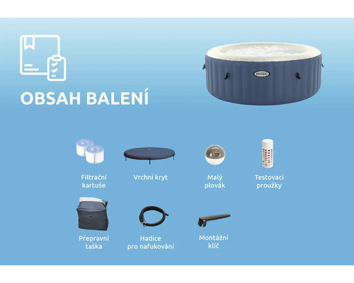 Obsah balení vířivky Intex: filtrační kartuše, kryt, plovák na dávkování chemikálií, testovací proužky, přepravní taška, hadice a montážní klíč