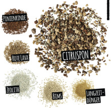 Zemina pro citrusy, borová kůra, červená láva, zeolit, pemza a dlouhodobě působící hnojivo