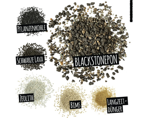 Obrázek složek zeminy pro rostliny: rostlinné uhlí, černá láva, zeolit, pemza, dlouhodobé hnojivo a blackstone pon