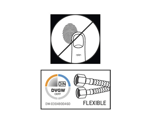 Symbol pro nedotýkat se a certifikát DVGW pro flexibilní hadice