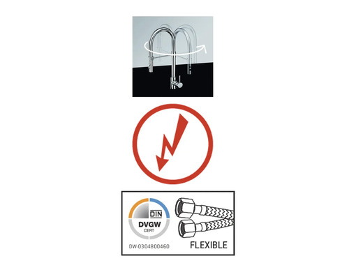 Otočná armatura se symbolem blesku a flexibilními připojovacími hadicemi