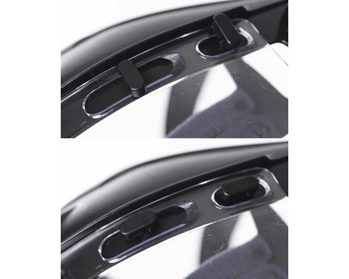 Detailní pohled na mechanismus hledí ochranných brýlí