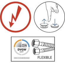 Symbol elektrického nebezpečí, symbol odtokové soupravy, Deutsches Institut für Normung DVGW certifikát