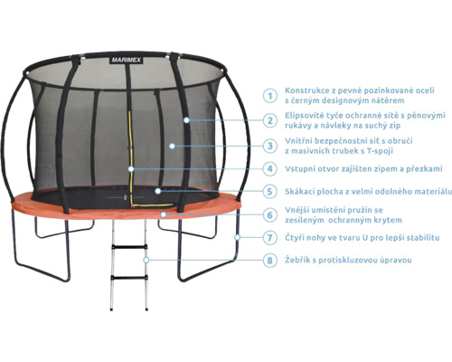 Trampolína s ochrannou sítí a žebříkem