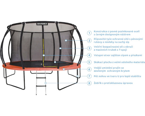 Trampolína s ochrannou sítí a žebříkem pro venkovní použití