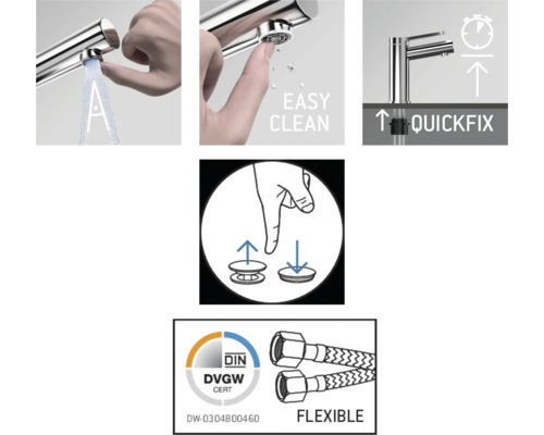 Vlastnosti produktu Vodovodní baterie: snadné čištění, systém Quickfix, flexibilní hadice, certifikace DIN DVGW