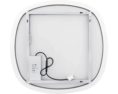 Pohled zezadu na kulaté zrcadlo s LED osvětlením a montážním rámem