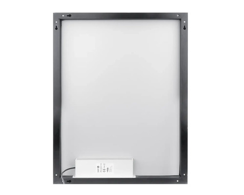 Pohled zezadu na obdélníkové zrcadlo s kovovým rámem a LED driverem