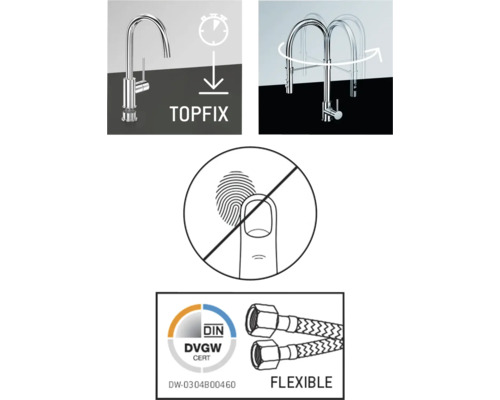 Vlastnosti produktu: Upevnění Topfix, rozsah otáčení, povrchová úprava proti otiskům prstů, certifikace DVGW, flexibilní připojovací hadice