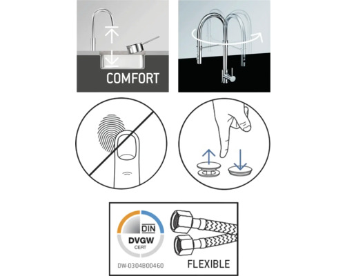 Komfortní funkce, rozsah otáčení, povrchová úprava proti otiskům prstů, excentrické ovládání a certifikace DVGW.