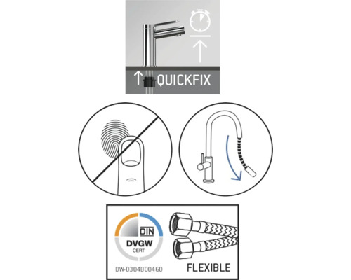 Systém rychlé montáže, zabránění otiskům prstů, výsuvná sprcha, certifikace DVGW a flexibilní hadice.
