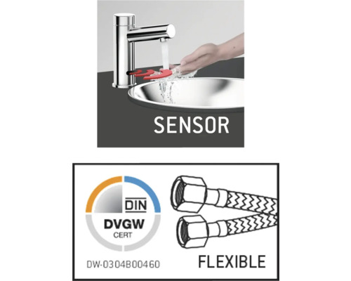 Senzorová armatura s rukou pod kohoutkem a certifikátem DIN DVGW a flexibilními připojovacími hadicemi.