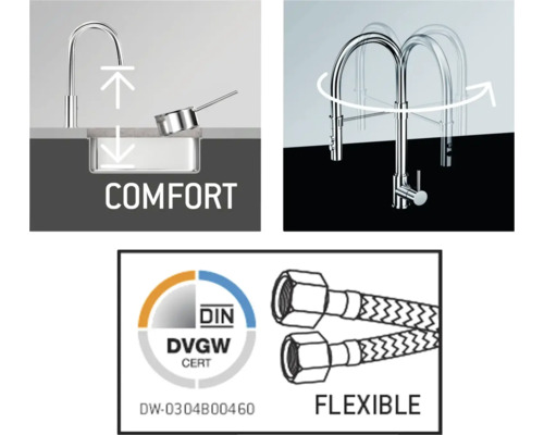 Zobrazeny prvky komfortu a flexibility kuchyňské baterie.